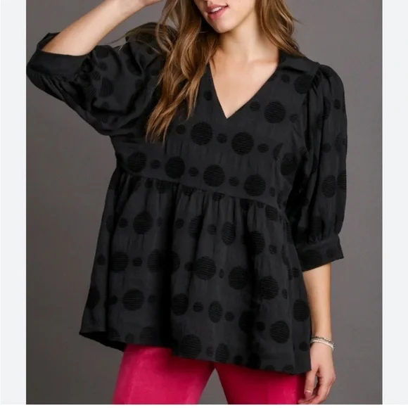 Umgee Babydoll Black Dot Blouse - Picture 1 of 6